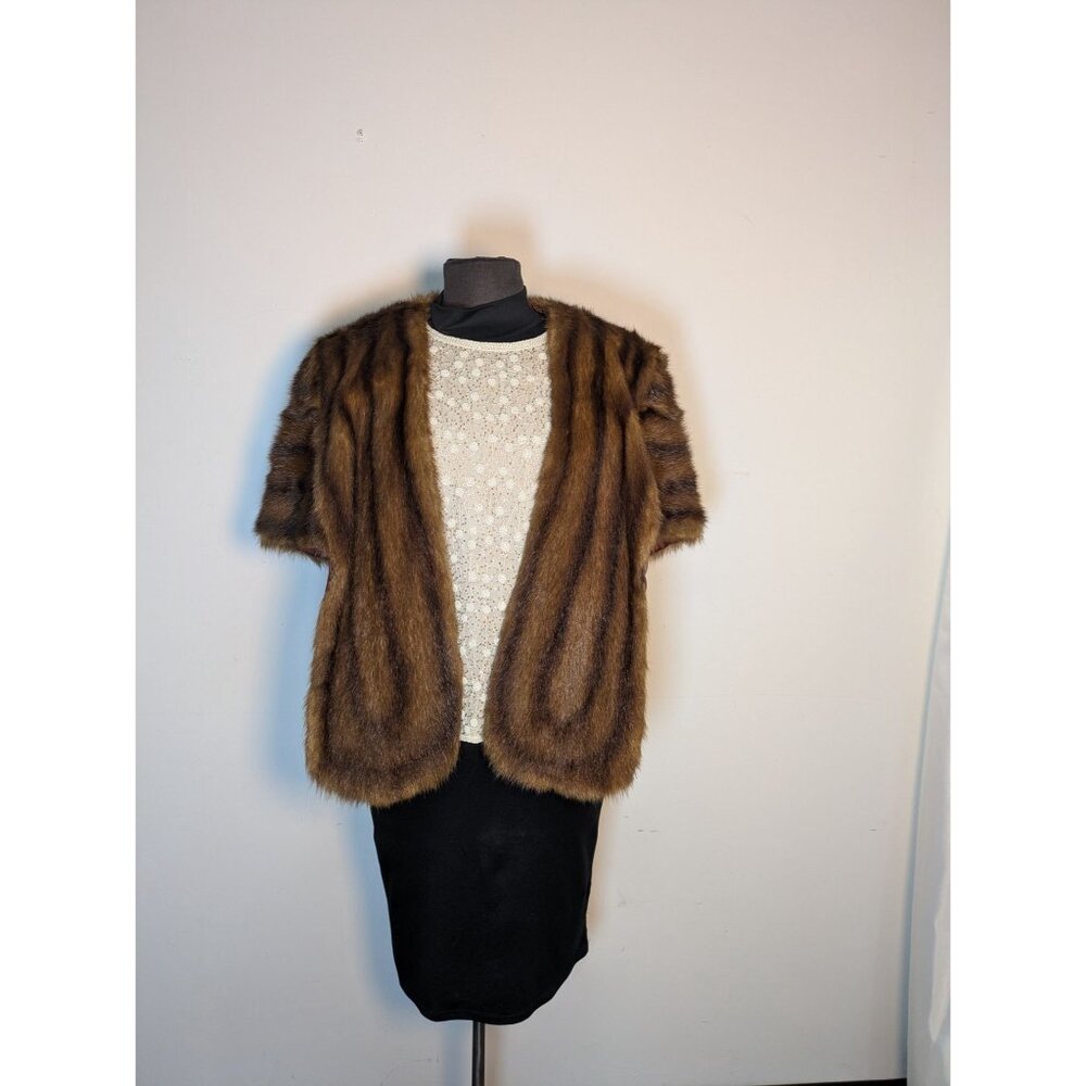 Vintage Brown Genuine Mink Fur Stole Wrap Capelet Stripe Lined, One Size